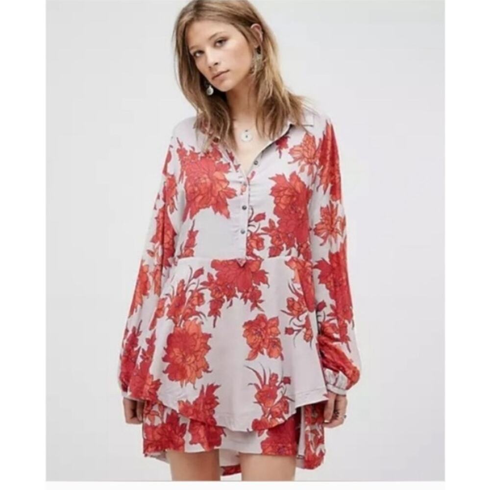 Free People Shake It Printed Mini Dress Womens Large Gray Red Floral Boho **FLAW